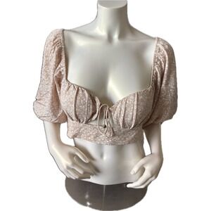 NWT Petal & Pup Floral Crop Top Puff Sleeve Tie Front Beige Women's Size‎ L